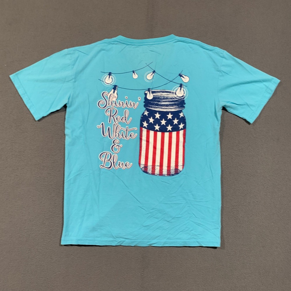 Royce Brand Graphic T-Shirt Women Medium Blue V-Neck Shinin Mason Jar Patriotic